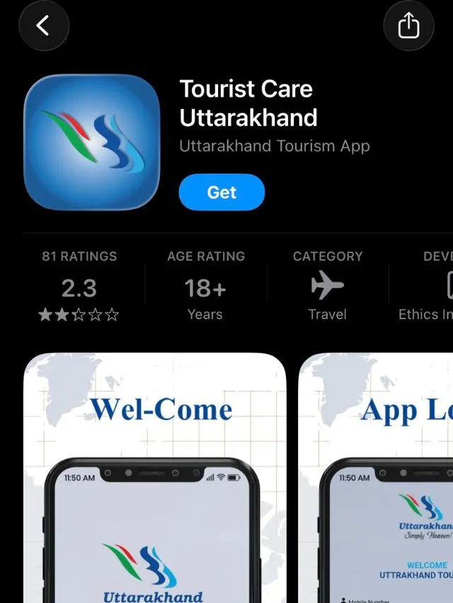 Char Dham Yatra Registration, Route Map, Itinerary, Packages & Helicopter Booking 3 App store page screenshot for the Tourist Care Uttarakhand application showing its logo, ratings, age limit, and preview screens.