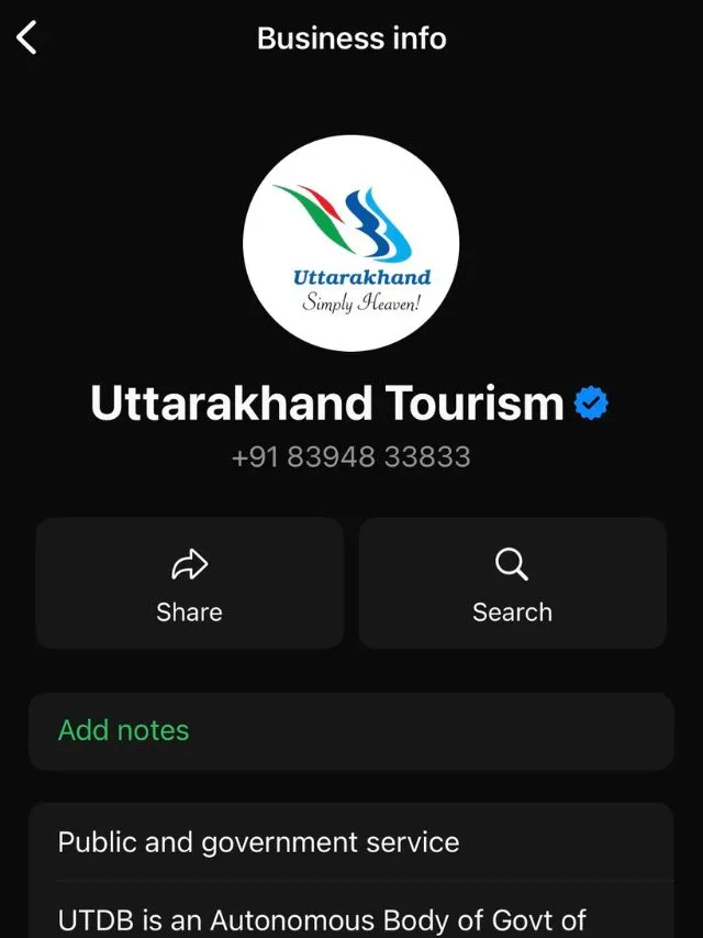 Char Dham Yatra Registration, Route Map, Itinerary, Packages & Helicopter Booking 4 Screenshot of a verified Uttarakhand Tourism mobile profile showing their official logo, contact number, and share options on a dark screen.