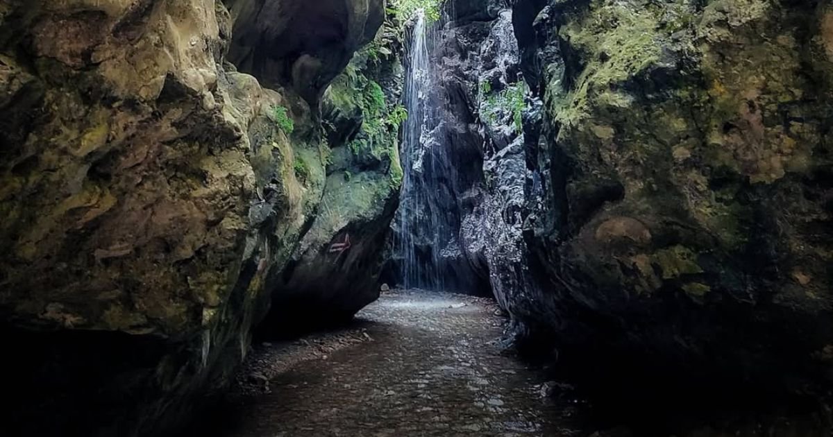 A narrow, dark gorge with a small stream and sunlight filtering through, offering an adventurous spot among Easy Treks Near Dehradun.