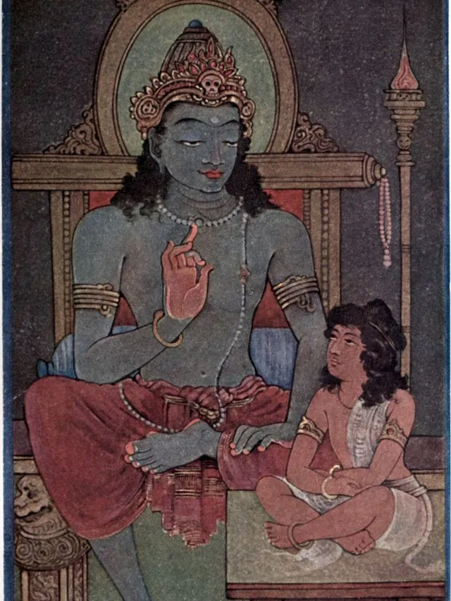 Nachiketa Tal Trek: A Complete Guide With Route Map and Tips 2 An old painting of Lord Yama seated and teaching the young boy Nachiketa.