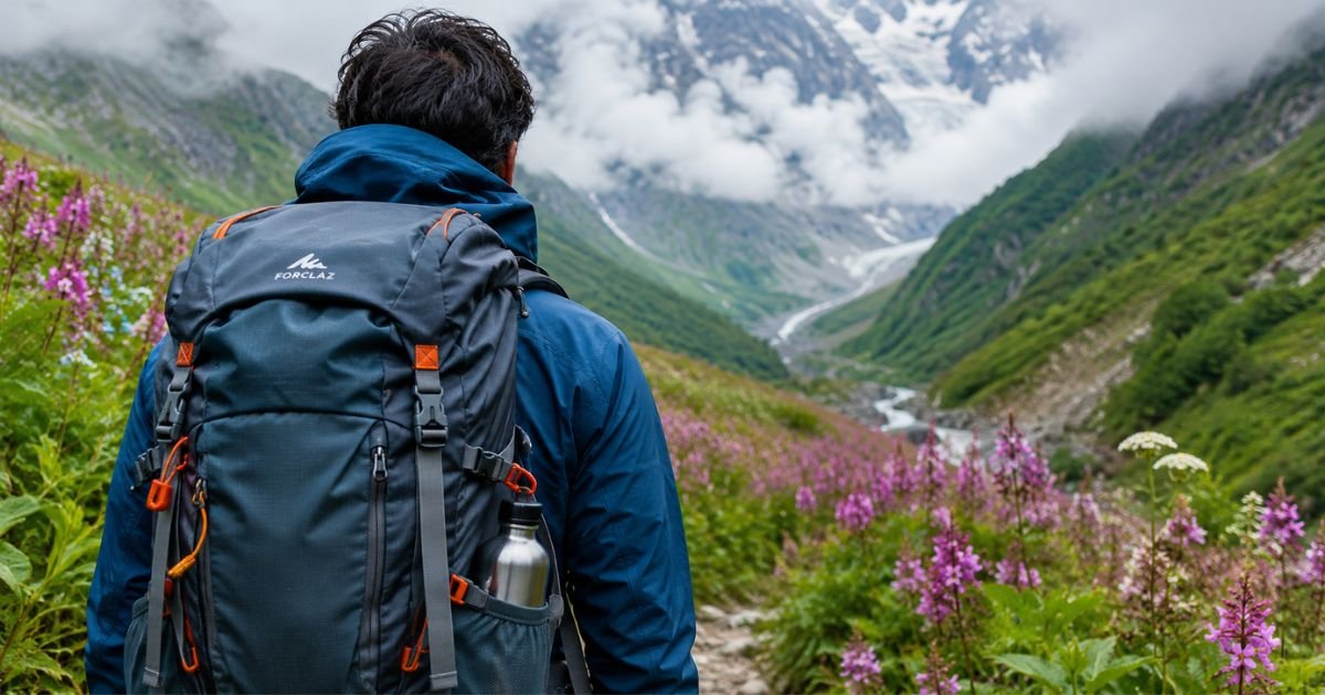 Valley of Flowers, Uttarakhand: How to Reach, Trek, Best Time, Complete Travel Guide 15 A trekker wearing a blue backpack looks over a scenic green valley filled with purple wildflowers under misty, snow-capped mountains.
